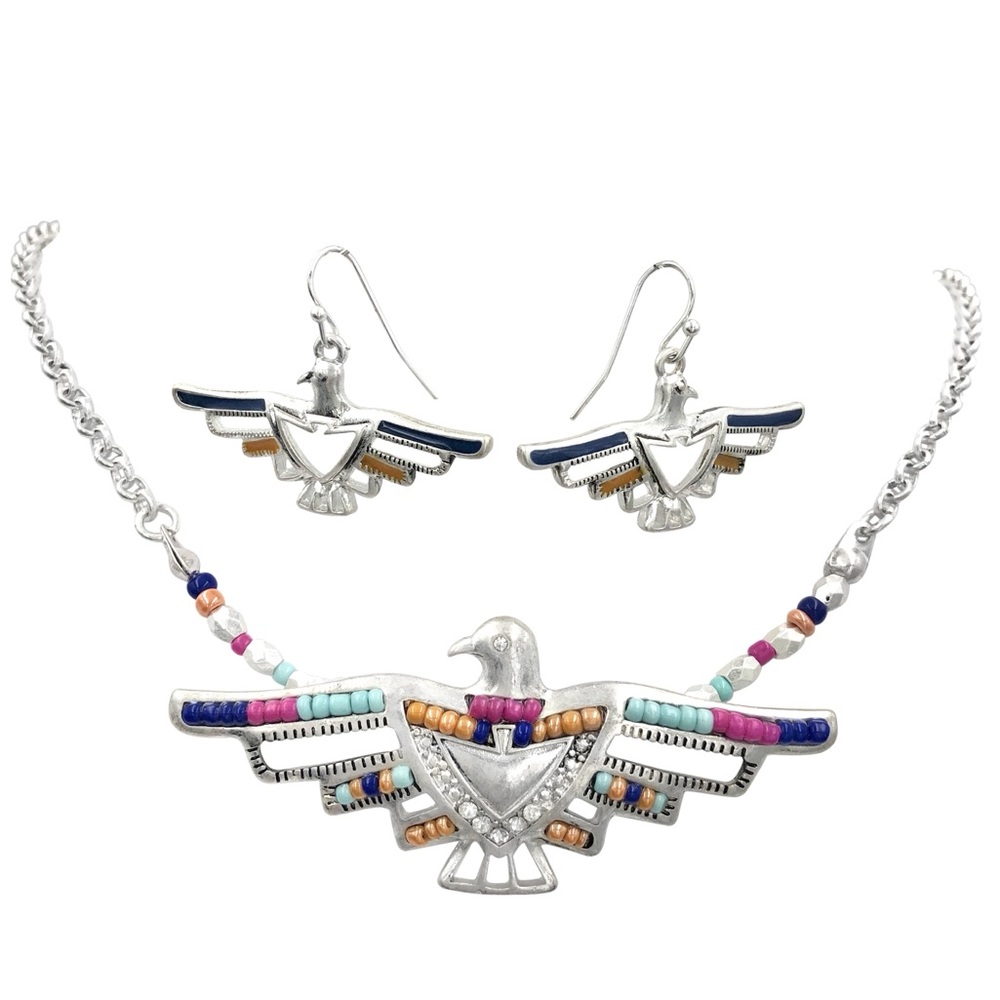 Tribal Eagle Thunderbird Pink Orange Blue Beaded Silver Necklace Earrings Set